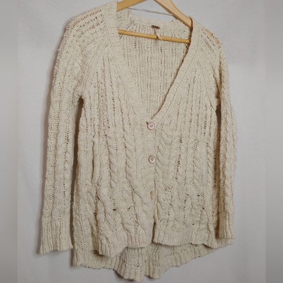 Free People Chunky Knit Cardigan Ivory Cream Small Cotton High Low Hem Pockets - Picture 4 of 10